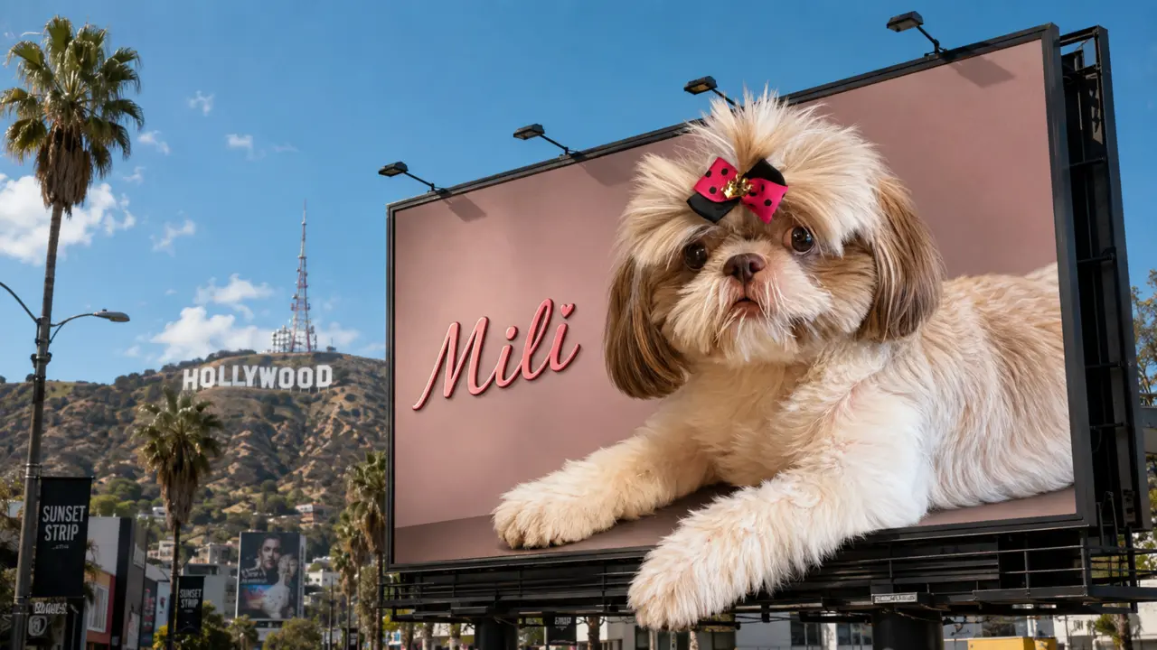 Mili em um painel perto do letreiro de Hollywood